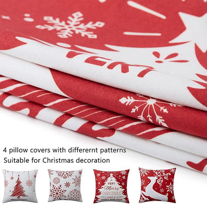 Christmas Pillow Covers 20x20 Set of 4 Farmhouse Christmas Tree Throw Pillow Case Snowflake Reindeer Decoration for Winter Holiday Decor Throw Cushion Case for Home Sofa Couch, Red and White