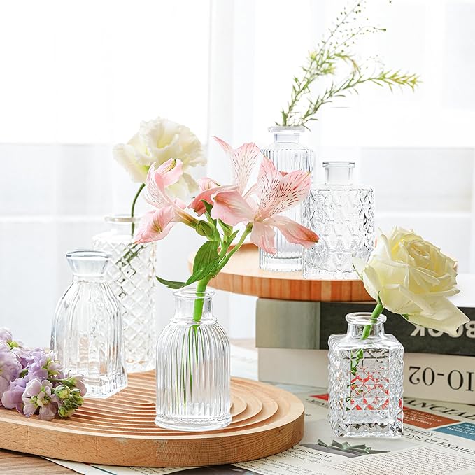 ComSaf Glass Bud Vases Set of 32, Small Clear Bud Vases in Bulk, Mini Flowers Vases for Centerpieces, Vintage Bottle Set for Table Decorations, Wedding Decor, Recepetion, Home, (Clear)