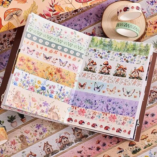 27 Rolls Vintage Washi Tape Set, Floral Butterfly Forest Mushroom Botanical Flower Writable Decorative Tapes for Scrapbooking, Junk Journal Supplies, Bullet Journaling 9.84ft Long/Roll