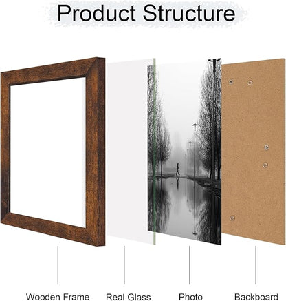 8.5x11 Picture Frame Set of 4, High Definition Real Glass Rustic Frame, Wood Photo Frames 8.5 by 11 Diploma Document for Wall Hanging and Tabletop Display