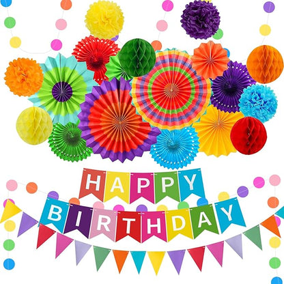 Colorful Birthday Decorations - Mexican Fiesta Party Decorations with Happy Birthday Banner, Paper Fans, Paper Pom Poms,Dots Garland, Pennant Banner, Honeycomb Balls Packs