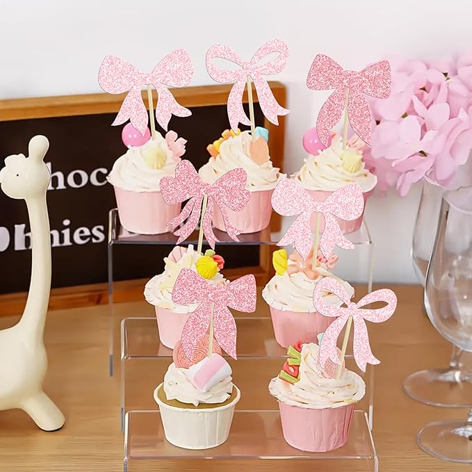 Gyufise 36Pcs Bow Cupcake Toppers Glitter Bowknot Cupcake Picks Bow Tie Birthday Decorations Princess Bow Cupcake Decorations for Bowknot Theme Baby Shower Birthday Party Supplies Multi Pink
