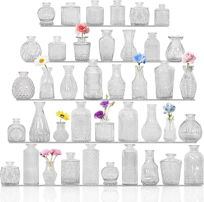 Set of 40 Glass Bud Vases, Small Clear Glass Vases in Bulk, Mini Vintage Embossed Flower Vase for Wedding, Centerpieces, Birthday Party, Baby Shower, Home Table Decorations (Clear)