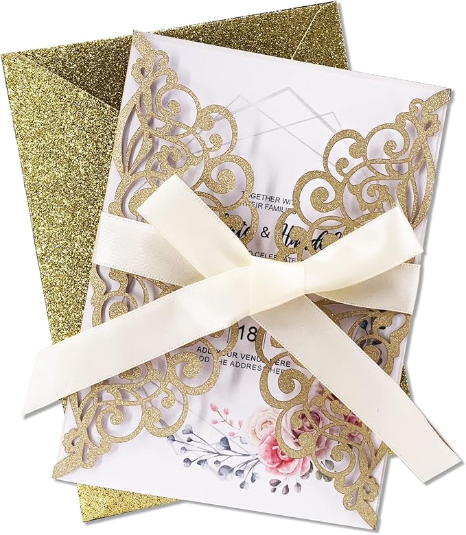 50Pcs Laser Cut Wedding Invitation With Glitter Envelopes And Ribbons Blank Personalized Card Invitaciones Para quinceañera Birthday Baby Shower Christmas Party Bridal Shower (Gold)