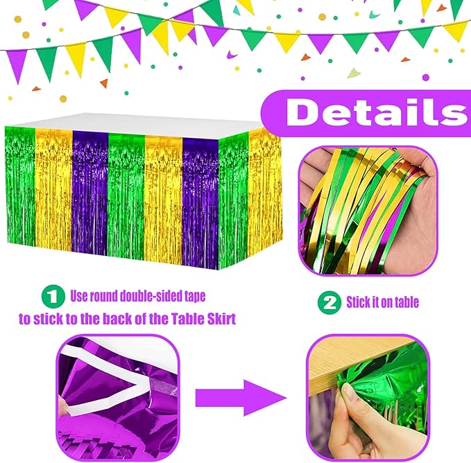 4 Pack 29x108 Inch Mardi Gras Metallic Foil Fringe Tinsel Table Skirts for Rectangle Tables Streamer Backdrop for Wedding, Birthday, Parade Floats, Valentine's Day Party Decoration(Gold Green Purple)