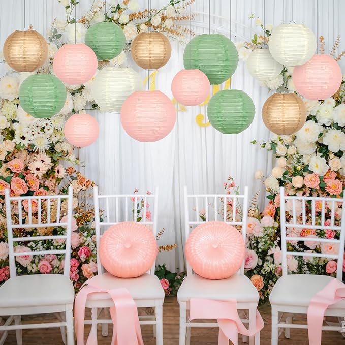 ADLKGG Paper Lanterns Party Decorative, Round Hanging Paper Lanterns Wedding Decorations for Sage Green Bridal Shower Birthday Rustic Party Neutral Baby Shower Home Decor Sage Green/Pink/Brown 21pcs
