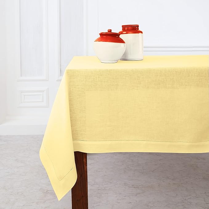 Solino Home Yellow Linen Tablecloth 60 x 90 Inch - Classic Hemstitch, 100% Pure Linen Rectangular Tablecloth - Machine Washable Table Cloth