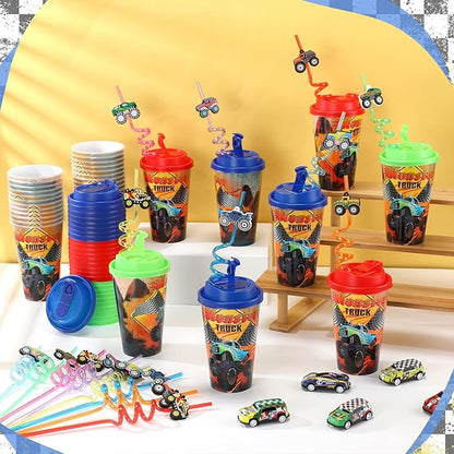 Yungyan 36 Sets Monster Truck Party Favors Goodie Cups with Lids and Straws for Birthday Decorations Reusable 16oz Plastic Candy Cups Plastic Straws for Birthday Party (Truck)