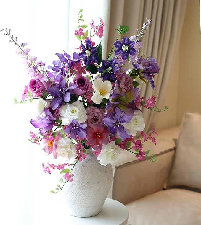 Artificial Flowers Bouquets for Bridal Wedding Home Decor Fake Floral Arrangements for Party Table Centerpieces DIY Silk Flower Set Spring Summer Indoor Outdoor (Combo Purple/White)