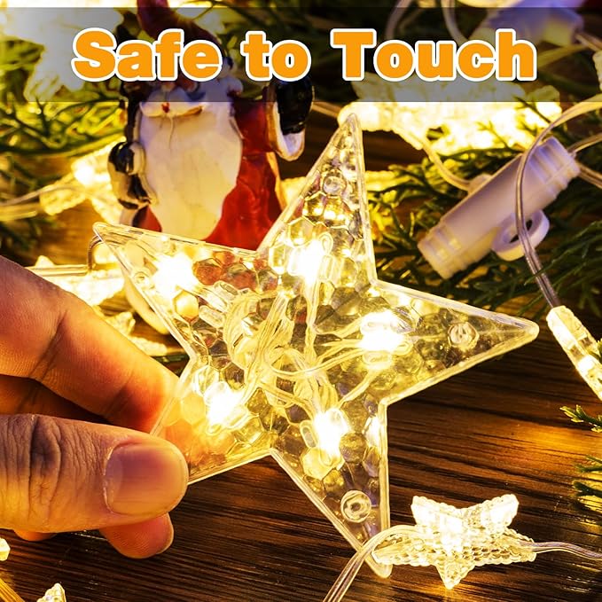 Rechargeable Stars Christmas Window Lights, IP65 Waterproof 90 LEDs 54 Stars Hanging Curtain Lights with 3 Timer Modes, Warm White Christmas Star Decoration for Indoor Outdoor Xmas Home Party Decor