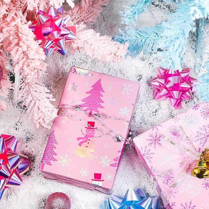 LeZakaa Christmas Pink Wrapping Paper Mini Roll, Snowman Christmas Tree & Snowflake Metallic Foil, Rose Gold Foil Reversible Design for Festive Winter Holiday, Family Gathering, 17 inches x 32.8 Feet