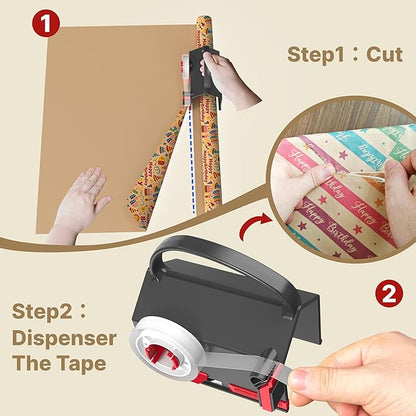 (2-Pack) Wrapping Paper Cutter & Tape Dispenser Dual Use with 4 Tapes，2 Replace Blades Kit for Christmas Gift Wrap Cutter Tool Paper Roll Holder Tube Sliding Slicing for Birthday Holiday.