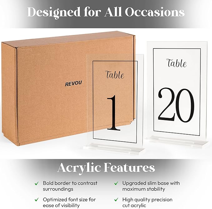 Acrylic Table Numbers 1-20 with Stand, Printed Black Font on 4x6 inch Acrylic, Clear Table Number Signs and Holders, Centerpiece for Events, Weddings, Reception, Party, Anniversary, and Decoration