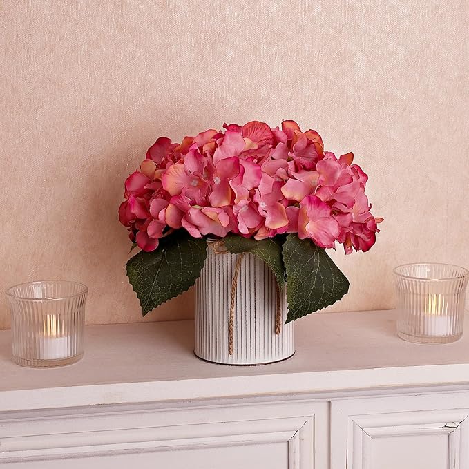Flower Table Centerpieces - Set of 6 Floral Arrangement Artificial Wedding Hydrangeas Floral Arrangement with Rustic Metal Vase for Bridal Tea Party Event Decorations - Dusty Pink