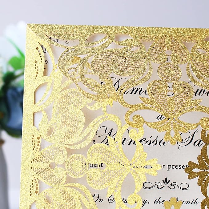 Hosmsua 6.3 x 6.3 Inch 50PCS Gold Glitter Laser Cut Wedding invitation Cards with Envelopes Hollow Lace Rose Invitation for Engagement Wedding Bridal Shower Invite (Gold Glitter)