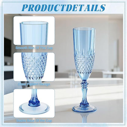 Plastic Champagne Flutes, 24PCS Blue Wine Glasses Goblets Cups Reusable Flute, for Weddings Bachelor Parties Toasting and Events (24, Blue)
