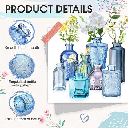 Yaomiao 30 Pcs Vases Bulk Colored Flower Glass Vases Bud Vintage Colored Glass Bottles Colorful Rustic Embossed for Home Wedding Table Decorations Gifts(Blue Series)