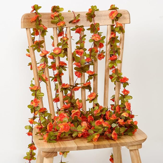 KHOYIME 9 Pack 72 FT Artificial Fall Flower Garland, Fake Orange Roses Vines Silk Flowers Faux Plastic Outdoor Hanging Floral Garland Autumn Decoration for Indoor Table Home Wall Backdrop Room Decor
