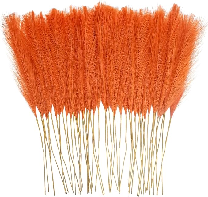 50pcs Burnt Orange Faux Pampas Grass Decor, 21.6" Short Artificial Fall Pompous Grass Floral Fake Orange Pompas Grass Branches Vase Filler Flower Arrangement for Home Wedding Fall Decor