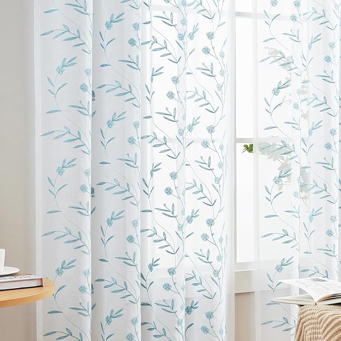 Sheer Curtains White-Blue 45 Inches Long Floral Embroidery Rod Pocket Voile Drapes for Living room, Bedroom, Window Treatments Semi Lace Outdoor Curtain Panels for Yard, Kitchen, Set of 2, 52"x 45".