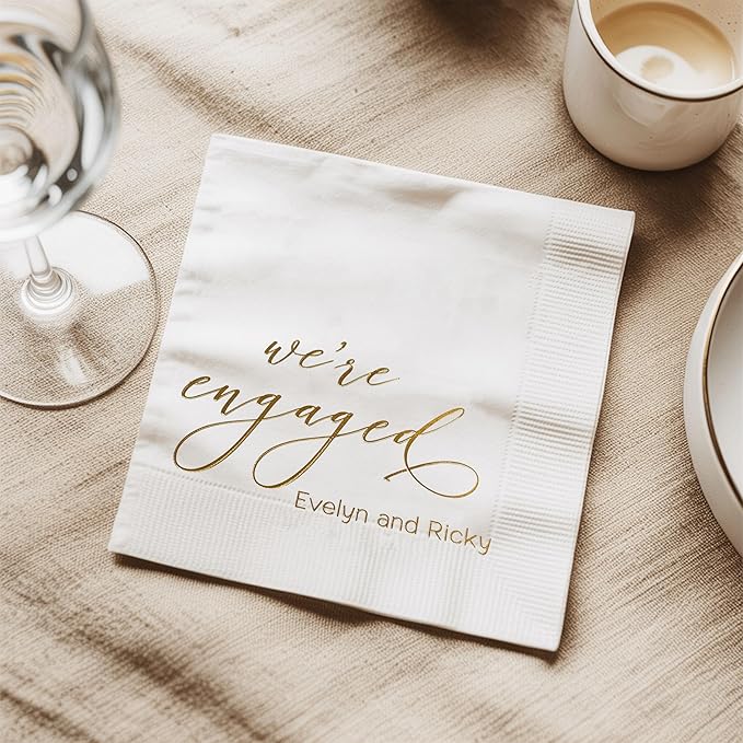 Luxury Personalized Engagement Napkins, We're Engaged, Custom Cocktail Napkins, Beverage Luncheon Cocktail Napkin For Reception, Napkin Decor for Engagement Party, Bridal Shower