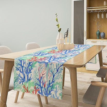 Summer Shell Starfish Table Runner, Seasonal Spring Summer Tropical Ocean Beach Indoor Party Kitchen Outdoor Table Decor 13x120 Inch