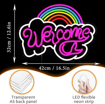 LISIGNVE Rainbow Welcome Neon Sign Cloud Light Up Sign Welcome Led Sign Rainbow Neon Light with USB for Bedroom Wedding Party School Business Wall Decor (16.5”*12.6”)