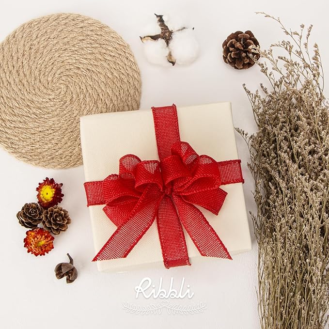 Ribbli Red Burlap Wired Ribbon, 1” Inch x Continuous 20 Yard, Red Wired Ribbon for Wreaths,Big Bows,Tree Decoration,Outdoor Decoration