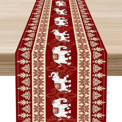 Boho Elephant Table Runner, Vintage Tribal Traditional African Animals Ethnic Folk Red Table Center Decor for Home Kitchen Dining Patio Holiday Party Indoor Outdoor Table Decorations, 13"x36" Inch