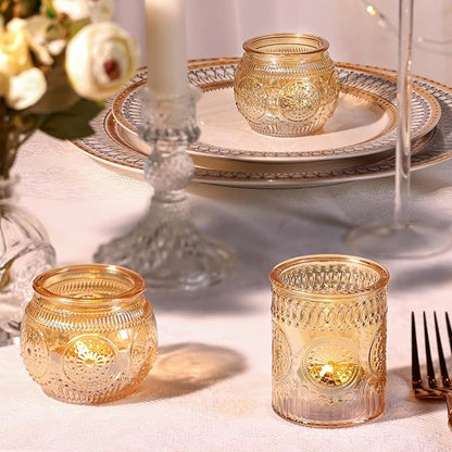 DARJEN 24Pcs Gold Votive Candle Holders - Glass Candle Holder Bulk for Table Centerpiece, Tea Lights Candle Holders for Home, Christmas Party & Wedding Shower