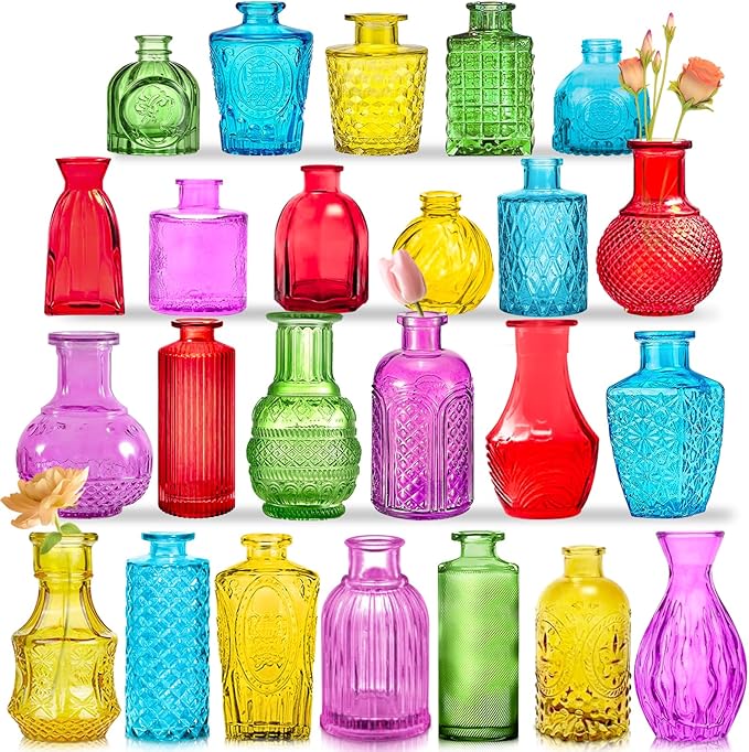 Colored Glass Bud Vases Set of 24, Vintage Small Vases for Flowers, Crystal Mini Glasses in Bulk, Small Flower Design for Centerpieces Wedding Decorations Home Flower Party Decor
