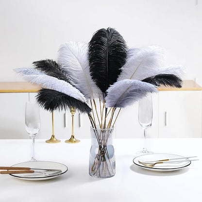 Holmgren Black White Grey Ostrich Feathers - 20pcs Making Kit 22 Inch Ostrich Feathers Bulk for Vase, Floral Arrangement, Wedding Party Centerpieces and Home Decorations