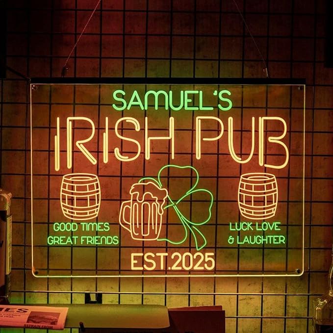 Personalized Irish Pub Signs with Your Name for home wall light up with personalized pub name, man cave accessories, beer themed neon customizable lighted sign