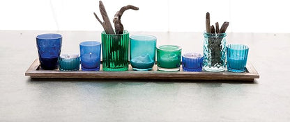 Creative Co-Op Wood Tray with 9 Blue & Green Glass Votive Holders