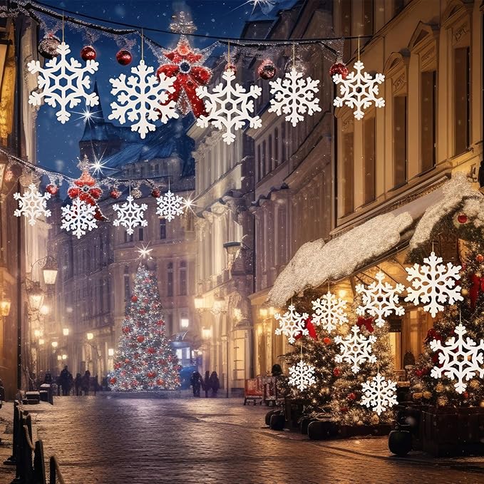 18 Pcs Large Christmas Snowflake Decorations, 8 Inch White Snowflake Hanging Ornaments Plastic Christmas Yard Decorations for Winter Indoor Outdoor Xmas Tree Holiday Yard Lawn Decor