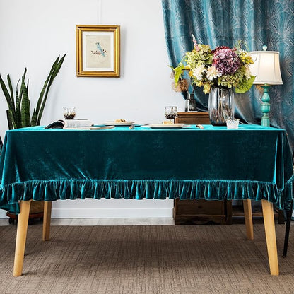 Velvet Tablecloth Luxurious Solid Rectangle Table Cloth,Oblong Retro Farmhouse Ruffle Tablecloths Washable Table Cover for Party Wedding Baby Shower Kitchen Dinning Tabletop Decoration