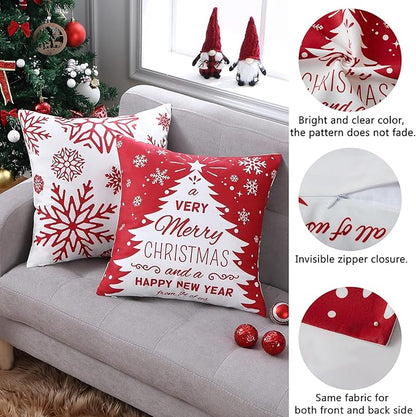 Christmas Pillow Covers 20x20 Set of 4 Farmhouse Christmas Tree Throw Pillow Case Snowflake Reindeer Decoration for Winter Holiday Decor Throw Cushion Case for Home Sofa Couch, Red and White