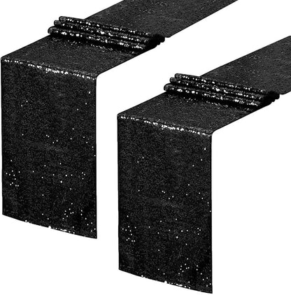 Sequin Table Runners 2 Pieces Black Table Runners 12x72Inch Glitter Dining Table Cover for Party Wedding Birthday Reception Banquet Decoration Halloween Party Chair Sashes