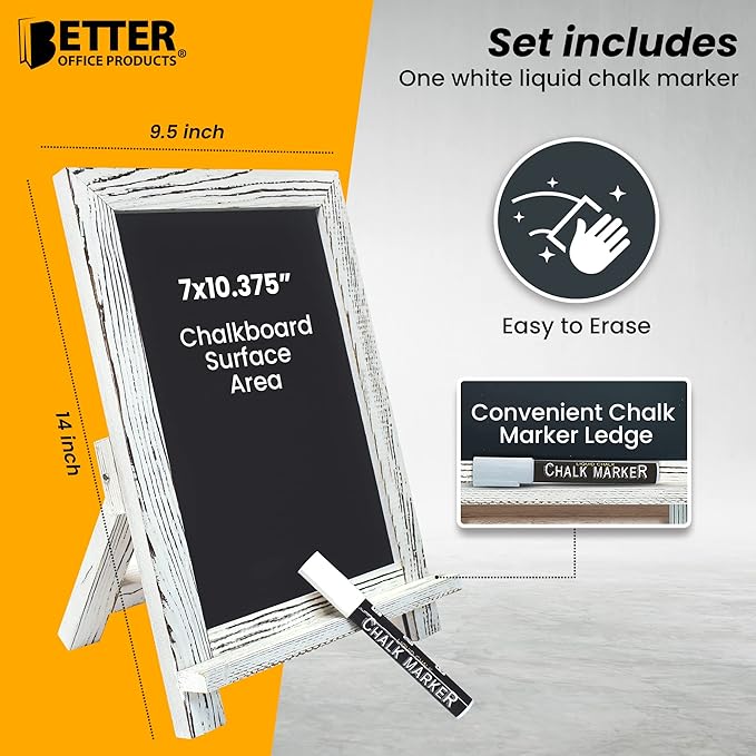 Better Office Products Framed Tabletop Chalkboard Sign, 9.5" x 14", Rustic Wood Frame, Small Magnetic Chalkboard with Built-in Ledge and Folding Stand, One White Chalk Marker Included,(Whitewash)