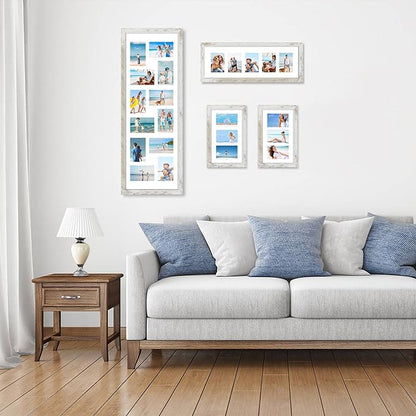 8x24 Picture Frame 2 Pack, Distressed White Wood Frame with Tempered Glass, Display Pictures Multiple Five 4x6 With Mat or 8 x 24 Without Mat - Horizontal or Vertical Wall Mounting
