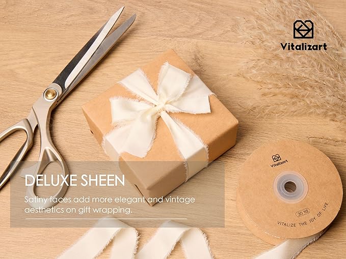 Vitalizart Silk Like Satin Ribbon 1 inch x 30 Yard Ivory White Handmade Frayed Ribbons for Gift Wrapping Baby Shower Wedding Bridal Bouquets Holiday Decor