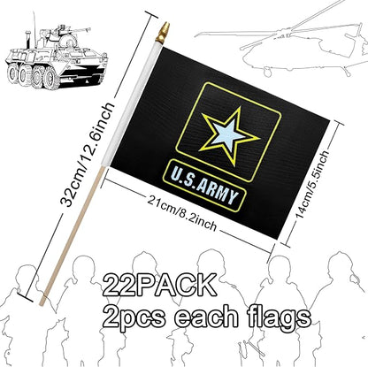 22 Pack All Branches Military Service Flags Set Small Mini Army Armed Forces Handheld Flag on Stick for Veterans Day,Memorial Day Decorations,5x8 Inch