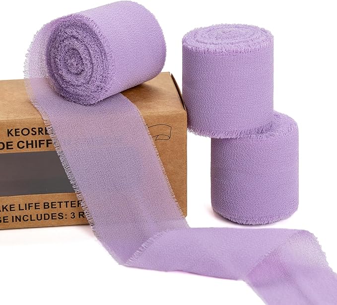 Purple Lavender Handmade Chiffon Ribbon,1.5" x 21Yd Frayed Silk Ribbons for Wreaths Bridal Flower Bouquet Christmas Gift Wrapping Wedding Decor Invitations Decorations (7Yards X 3 Rolls)