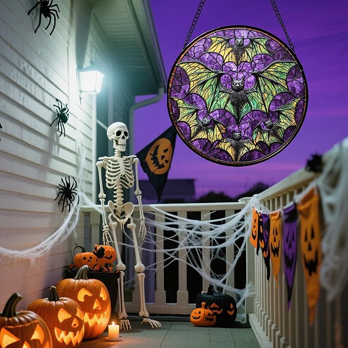Stained Glass Window Hanging - Halloween Decorations Bats Suncatcher for Doors Garden Indoor Spooky Funny Purple Sun Catchers Gothic Decor Horror Gifts for Women Men Friend 11.8 in
