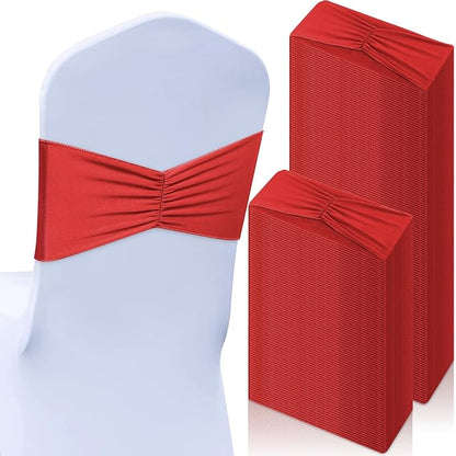 Moukeren 100 Pcs Spandex Chair Sashes Bows Bands Slider Sashes for Chair Covers Elastic Bands Ties Ribbon Decorations for Wedding Party Events Ceremony Birthday Banquet(Red)