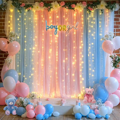 Pink Blue Sheer Tulle Backdrop Curtains with Lights String for Gender Reveal Baby Shower Decorations for Boy or Girl Birthday Party Photo Shoot Backdrop Background Decorations 2 Panels 5×8ft