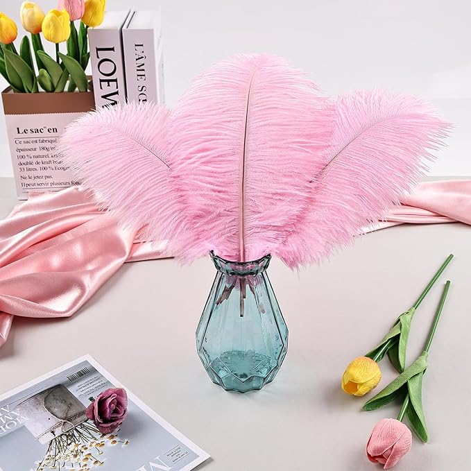 THARAHT Pink Ostrich Feathers 12pcs Natural Bulk 8-10Inch 20cm-25cm for Crafts Wedding Party Centerpieces Flower Arrangement Easter Gatsbi and Home Decoration Feathers
