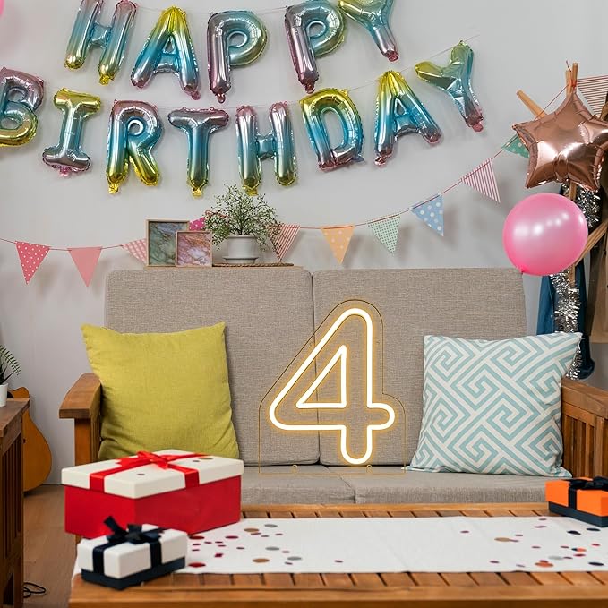 Number 4 LED Neon Sign Backdrop Birthday Party Decoration, 11.3" Height Warm White Marquee Numbers Four Light Up Sign for Wedding Anniversary Window Wall Table, Indoor Battery Operated or USB