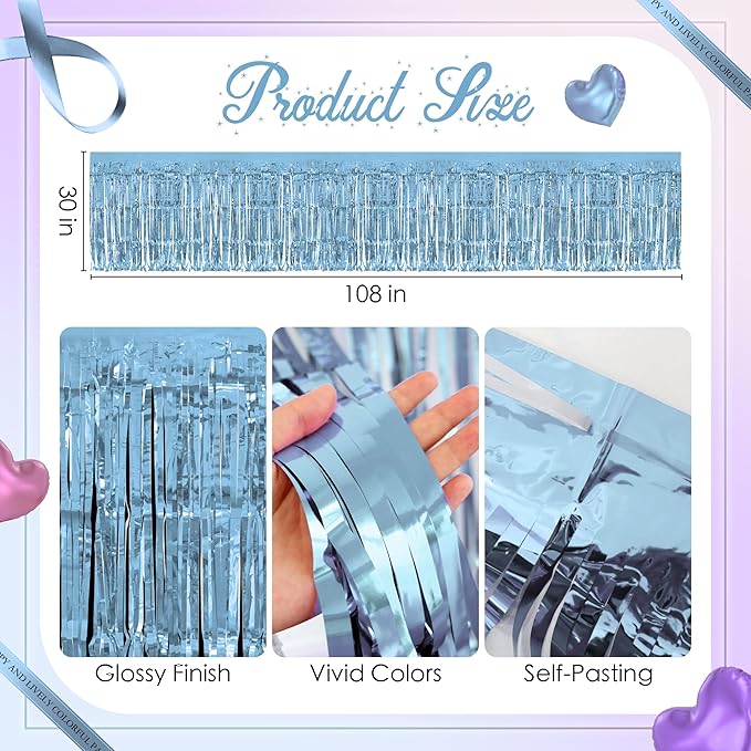 3 Pack Light Pink & Blue & Purple Table Skirts, 29x108" Metallic Foil Tinsel Fringe Table Skirt for Rectangle Tables Streamer Curtains Backdrop, Party Decorations for Birthdays, Weddings, Holidays