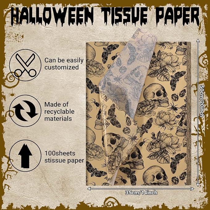100 Sheets 20 * 14 Inches Vintage Halloween Tissue Paper Kraft Gothic Floral Skull Moth Spider Printed Tissue Paper for Gift Wrapping Spooky Decorative Tissue for Halloween Party DIY Craft Supplies